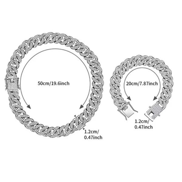 Cubansk Kæde Rhinestone Halskæde og Armbånd Sæt til Elskende - Jubilæums- eller Fødselsdagsgave, Sølv, 50cm & 20cm