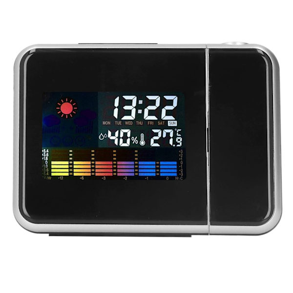 Digital väderstationsklocka med temperaturfuktighets LCD-färgskärm, LED-bakgrundsbelysning, snooze, projektionslarm - Svart