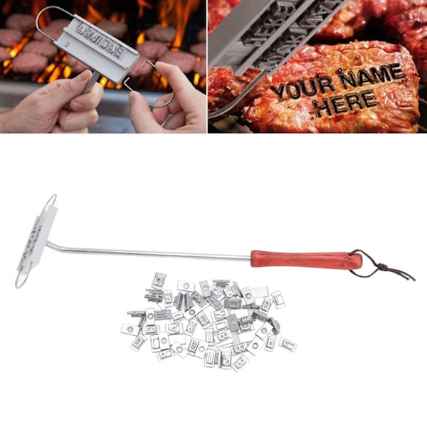 Ruostumattomasta teräksestä valmistettu BBQ-leimausrauta puisella kahvalla henkilökohtaisten mallien grillaamiseen