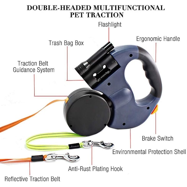 Dubbelt indragbart hundkoppel, 3m flexibelt indragbart