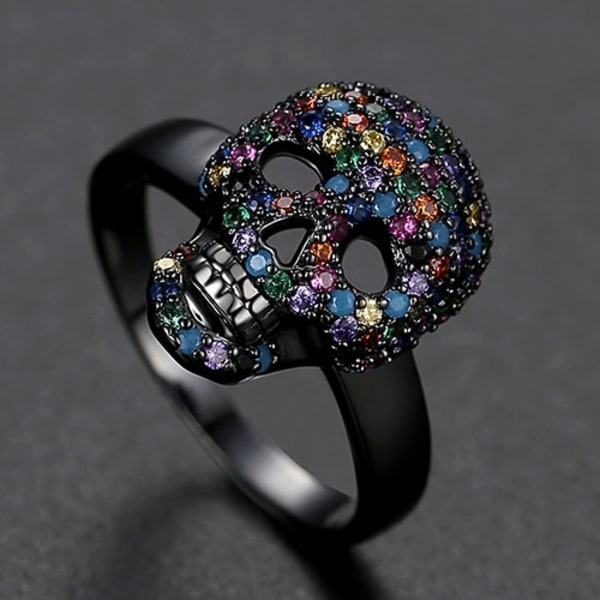 Punk Colorful CZ Skeleton Devil Ring Svart Vit Bling Zircon Sk Black 8