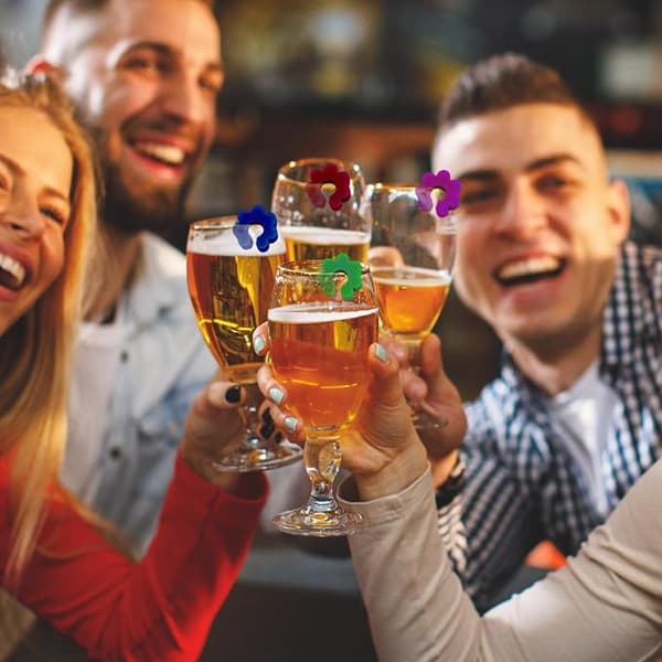 24 stk. glasvinmarkører, glasmarkører til drinks, blomsterformede silikonemarkører til vinglas, farvede vinglasmarkører