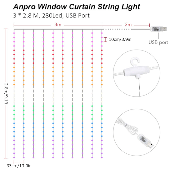 USB 280 LED Lyslenke med 8 Moduser - Dekorative Gardinlys for Soverom