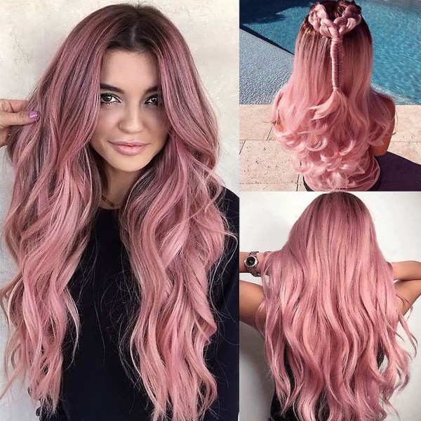 Färgglada peruker för kvinnor Peruk av syntetiskt hår med mörka rötter Pink 22.5 Inches