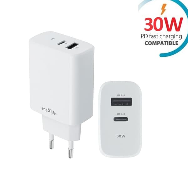 30W Hurtigoplader til iPhone / Samsung PD, QC Dual Port USB-C Vit white