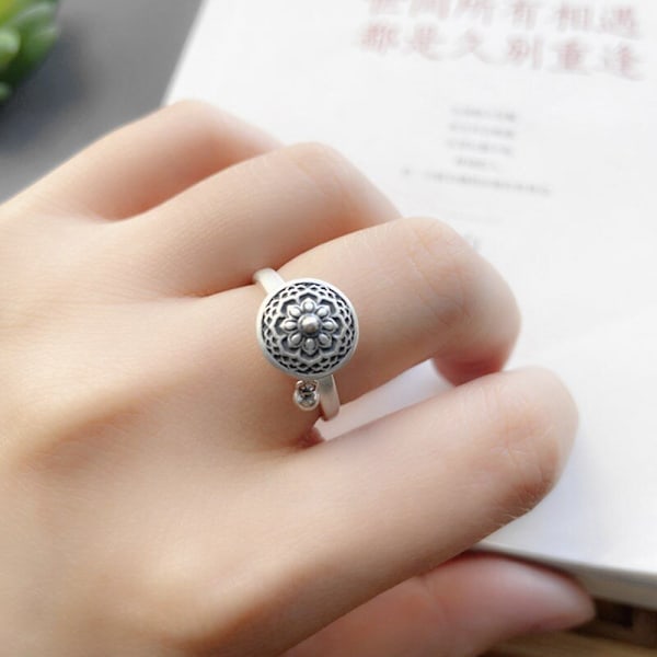 Buddhist Ring Tibetansk Bönhjul Mantra 7Chakra Lycka till Ring Silver Resizable