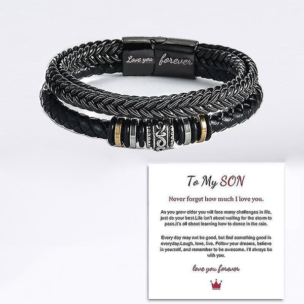 Til min sønn elsker deg for alltid armbånd, flettet lærarmbånd for menn, rustfritt stål personlig gravert armbånd