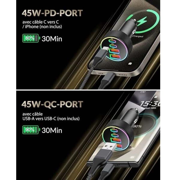 90W USB C Billader, 4-Port Dobbel 45W USB-C/A, PD/QC 12V Uttak Hurtiglader