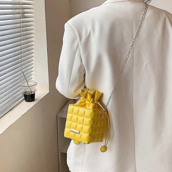 Mini Box Shape Pu Leather Crossbody Bag For Women Chain Drawstring Shoulder Bag