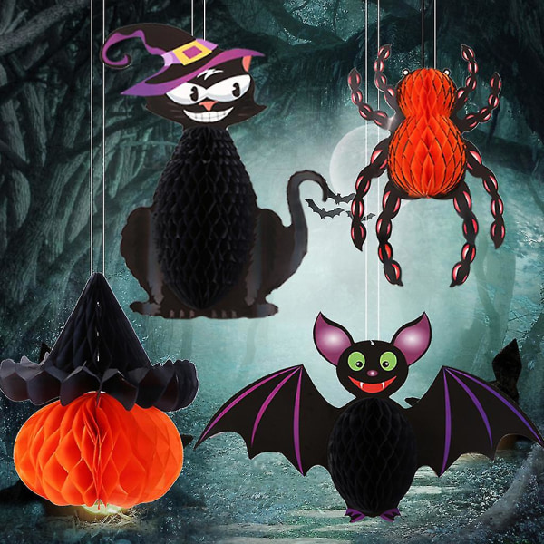 Halloween hängande hänge Bat Cat Pumpkin Witch Honeycomb Paper flower spider