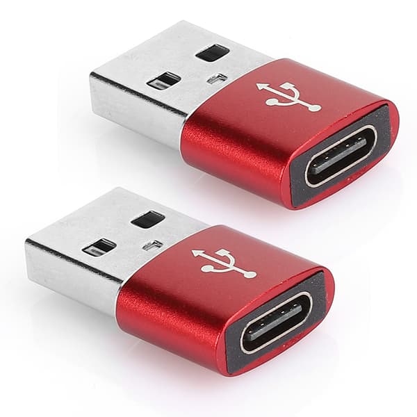 2 stk. USB C til USB-adapter i aluminiumslegering, rød, for lading, synkronisering og dataoverføring