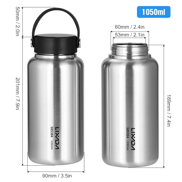 LIXADA 1050ml Läcksäker Vattenflaska i Rostfritt Stål för Camping och Vandringsäventyr