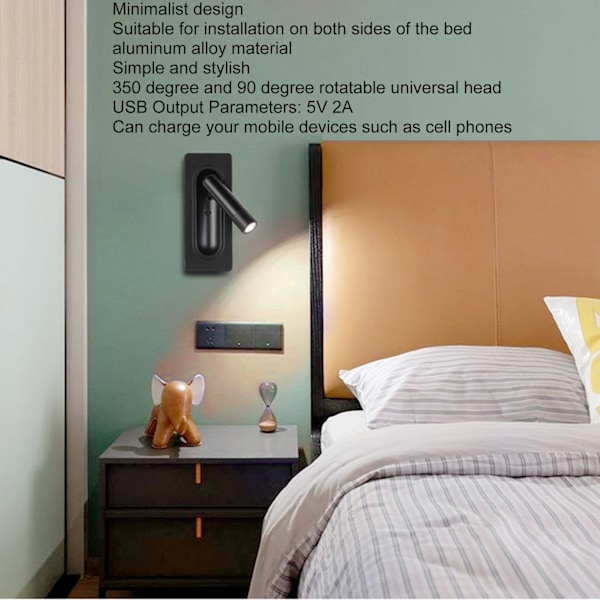 Stilren LED Väggläslampa med Strömbrytare och USB-Port för Sovrum Inomhus, 100-240V