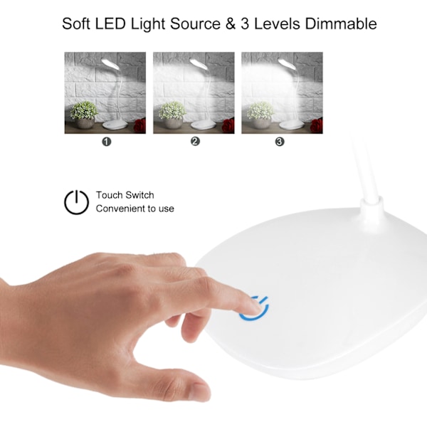 Dimbar USB LED Skrivebordslampe med Fleksibel Hals og Berøringsbryter for Nattlesing