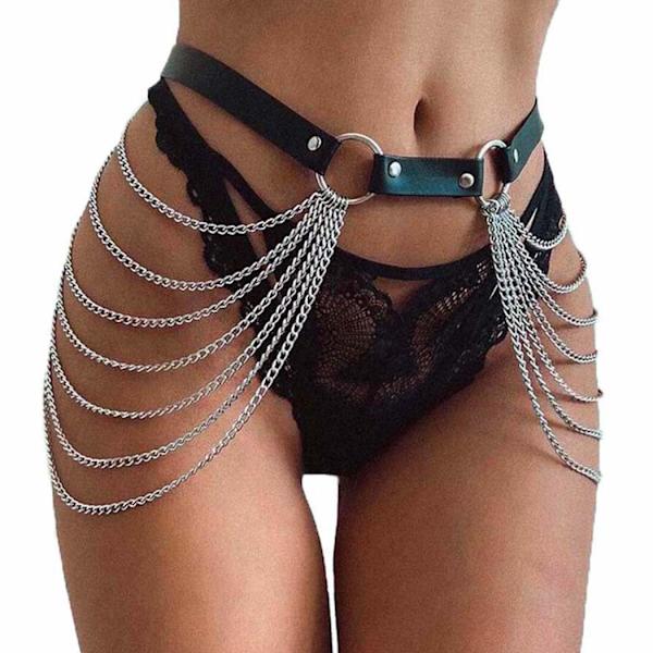 Punk svart midjekedja Bälte Läder Layered Belly Body Chain Black