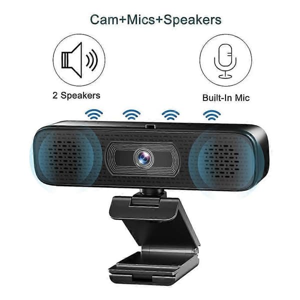 2K HD Webcam med 2 indbyggede højttalere og mikrofon, USB Stream-kamera til stationær bærbar computer videokonferencer Svart