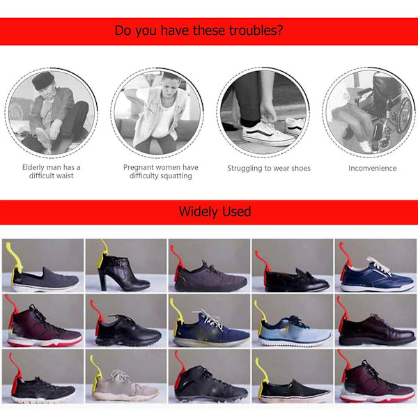 4 kpl Lazy Shoes -apua helppokäyttöisille kengille, kannettava kenkien nostoapulainen miehille, naisille ja lapsille, sukkaliukukahvalla varustettu kenkätorvi iäkkäille eläkeläisille Red