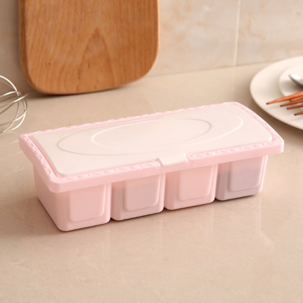 Plastboks for krydder med 4 rom - Salt- og krydderbeholdere til kjøkken (Rosa)