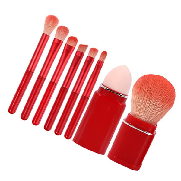 【DENGTU】8 stk Makeup Børstesæt Bløde Børster Udtrækkelig Pudderbørste Mini Bærbare Makeup Børster til Rejser Vinrød