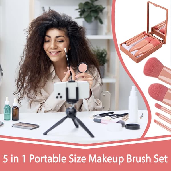 【DENGTU】5-delt makeupbørstesæt med spejltaske, bærbare makeupbørster (pink)