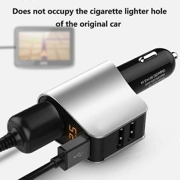Billader Forlengelse Lighter Adapter Sigarettuttak Splitter Med 3 USB Og Spenningsmåler gray