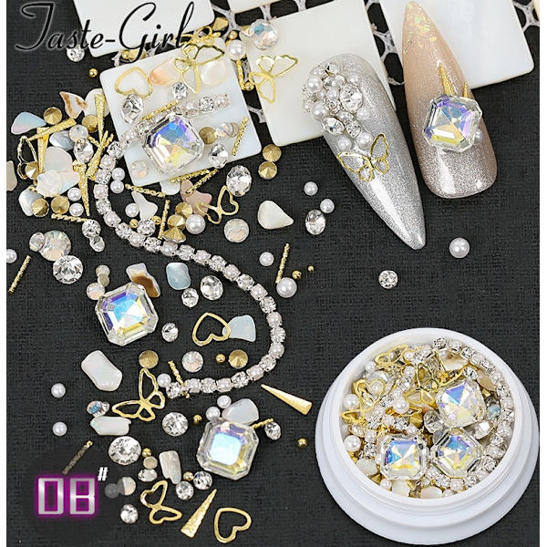 4-pack Shell Nail Art Pearl Diamond Metal Chain Set 01+08+05+10