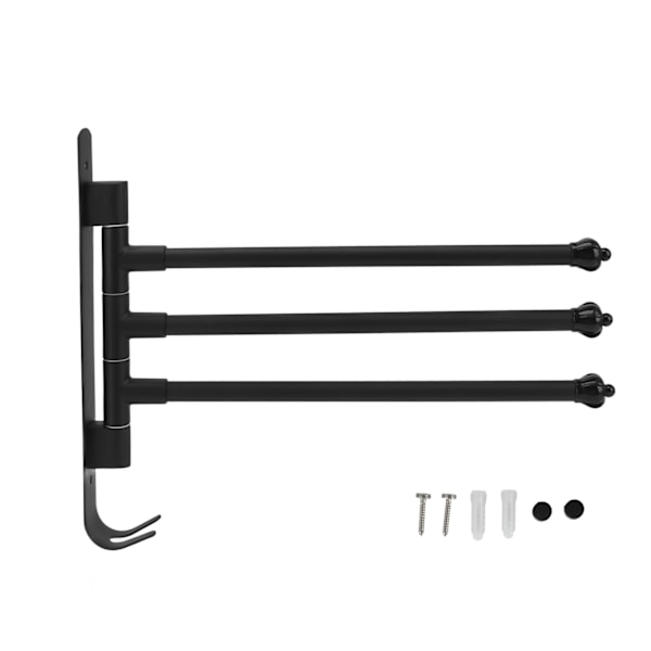 Svart, rustfritt stål, dreibar håndkleholder - 3-arms roterende håndklestang for bad, garderobe, kjøkken