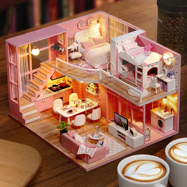 DIY Miniatyr Rosa Tjej Trä Loft Dockhus Modell Kit Leksak Present