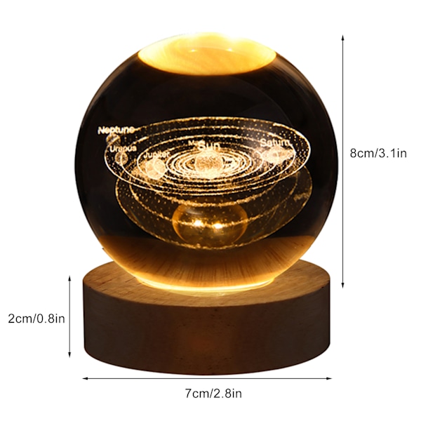Lysende 3D Krystallkule Nattlampe med Innvendig Utskjæring og Trebase - Perfekt Hjemmeinnredningsornament