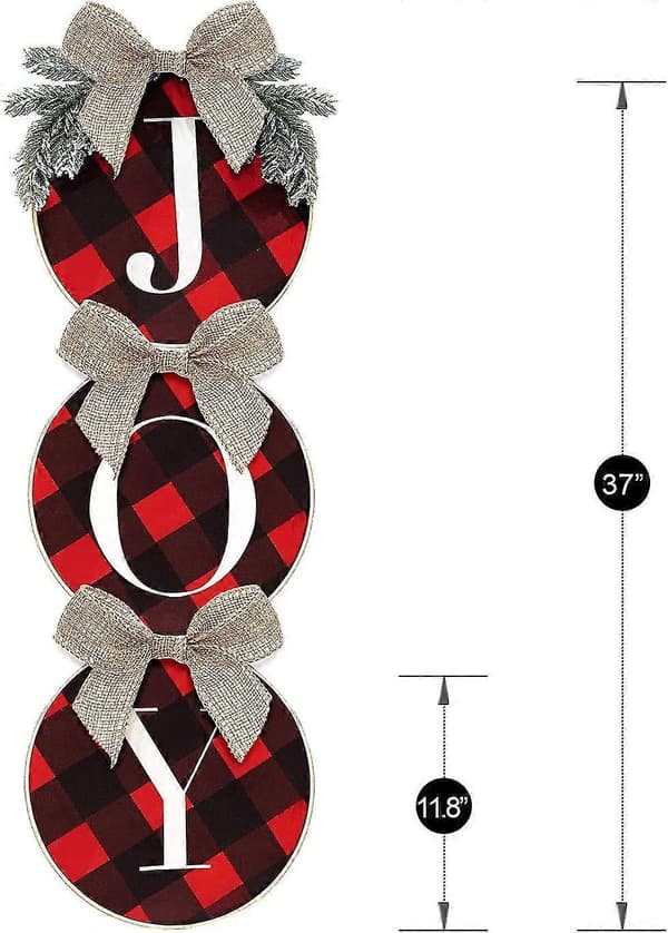 Julepynt - Joy Skilt - Buffalo Check Plaid Krans Til Fordør - Rustik Sækkelærred Træ Julepynt