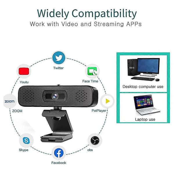 2K HD Webcam med 2 indbyggede højttalere og mikrofon, USB Stream-kamera til stationær bærbar computer videokonferencer Svart
