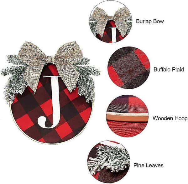 Julepynt - Joy Skilt - Buffalo Check Plaid Krans Til Fordør - Rustik Sækkelærred Træ Julepynt