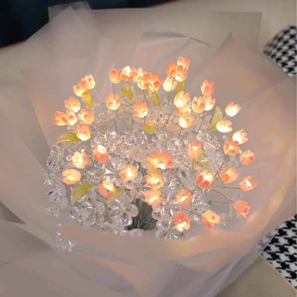 DIY-bukett med tulipaner og lysstripe – Håndlagde, vakre kunstige blomster til kjæreste og mor – 52 blomster