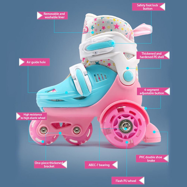 HT Kids Quad Roller Skates med justerbar storlek, 3-punkts balans, dubbla bromsar och lysande hjul - Perfekt för flickor och pojkar