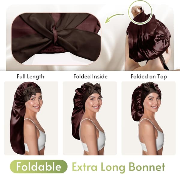 Extra lång sovmössa i satin, lämplig för långt lockigt hår, flätor, chokladfärg Brown