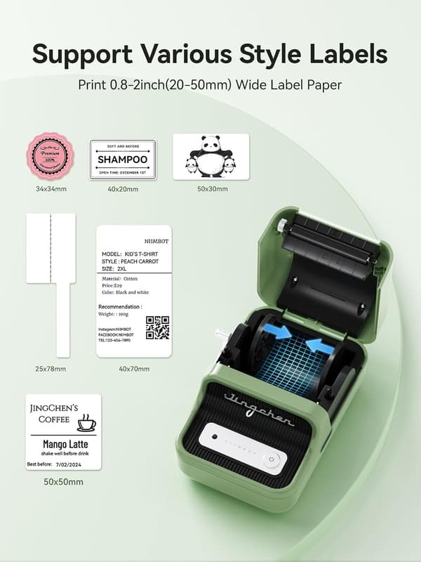 B21, 50 mm Bluetooth termisk etiketprinter, intet blæk nødvendigt til iOS- og Android-telefoner, kontor, med 1 rulle hvidt papir Green
