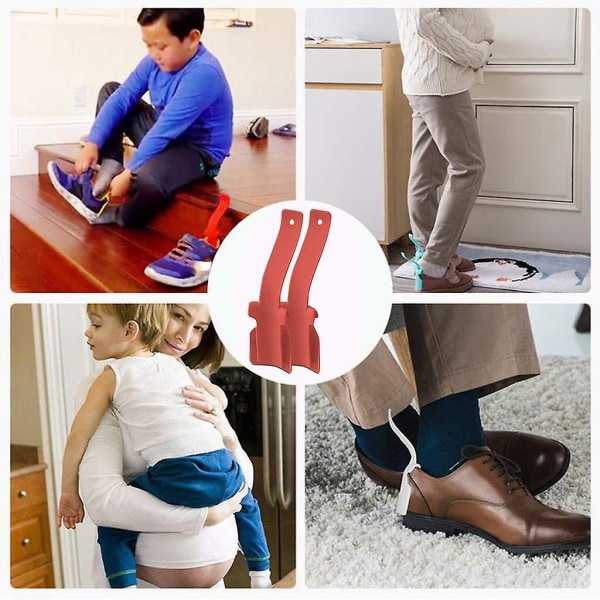 4stk Lazy Shoes Helper for lett å bruke sko, bærbar skoløfter for menn kvinner og barn, sokkskyverhåndtert skohorn for eldre eldre Red