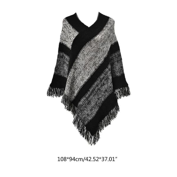 Kvinder Etnisk Strikket Poncho Kappe Farveblok Stribet Kvast Pullover Sweater Sjal Sort Black