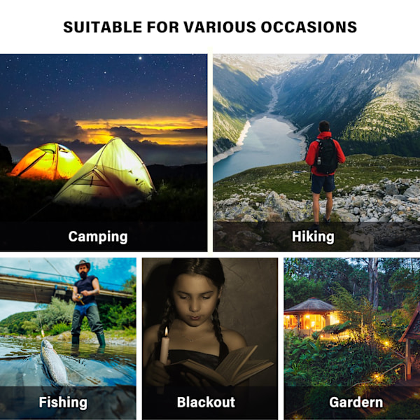 USB LED-lampe med justerbar lysstyrke for camping, fotturer og nødbruk