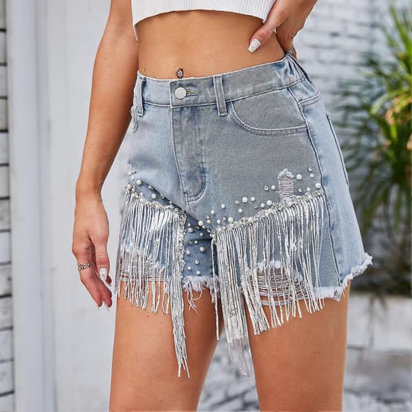 Kvinders afslappede shorts i polyester, behagelige, bløde, med rhinsten og perler, flæseshorts til shopping, blå L[dt]