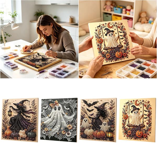 Perle Diamantkunstsett for voksne, Halloween Hekse Diamantmalingssett DIY Kits -01