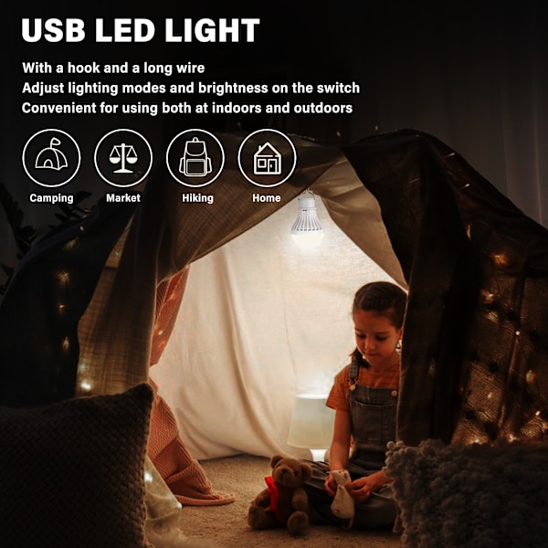 USB LED-lampe med justerbar lysstyrke for camping, fotturer og nødbruk