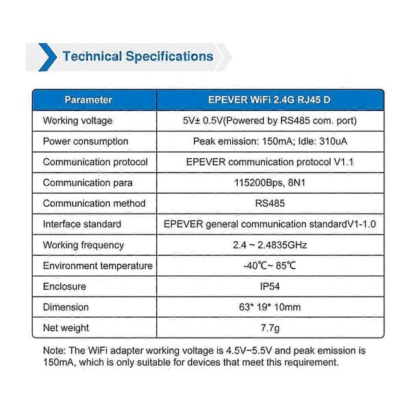 EPEVER WiFi Bluetooth-adapter til MPPT Tracer Solar Controller Overvågning af solcellecontroller Fjernovervågning Black