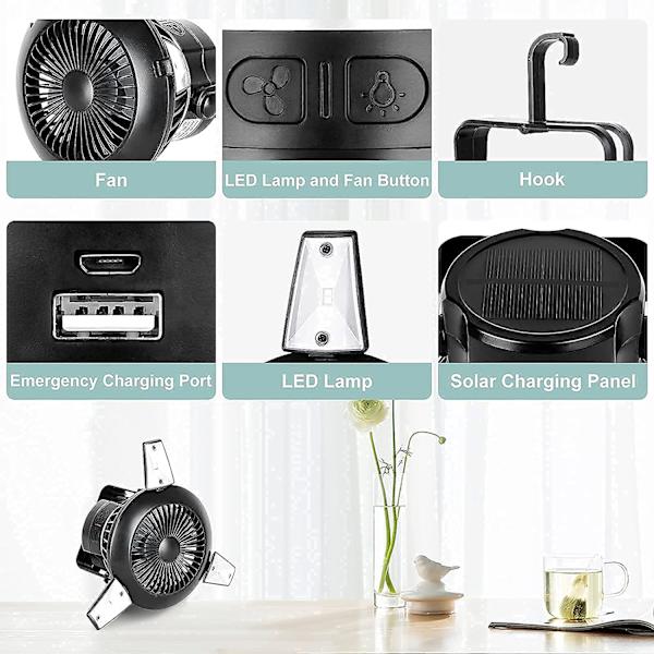 Solar Camping Fläkt med LED-ljus med hängkrok Portable