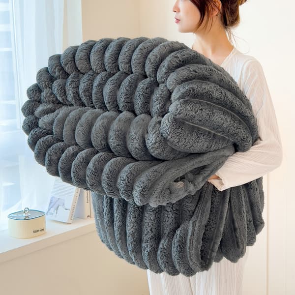 Kaninpels stripete fleeceteppe, tykt vinterteppe for lur og koselig søvn Lys grå Light gray 180×200cm