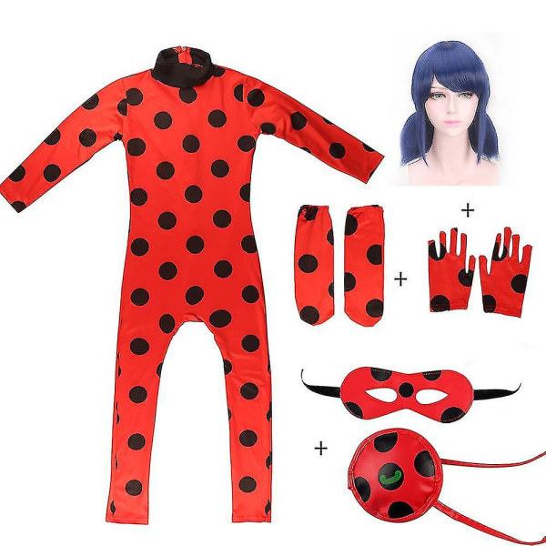 Bimirth Kids Girl Ladybug Cosplay Sæt Halloween Party Jumpsuit Fancy Dress kostume med bind for øjnene, paryk, taske-yky 150(140-150CM)