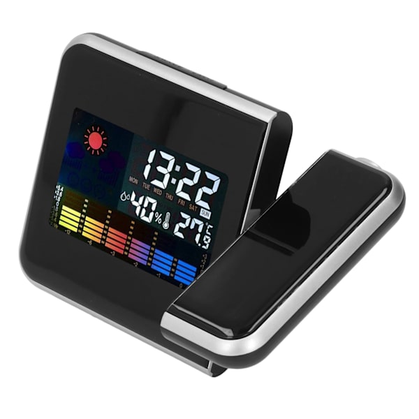 Digital väderstationsklocka med temperaturfuktighets LCD-färgskärm, LED-bakgrundsbelysning, snooze, projektionslarm - Svart
