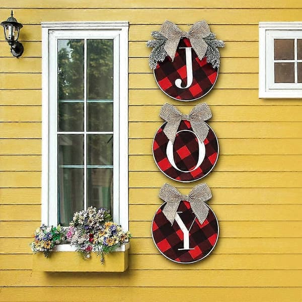 Julepynt - Joy Skilt - Buffalo Check Plaid Krans Til Fordør - Rustik Sækkelærred Træ Julepynt