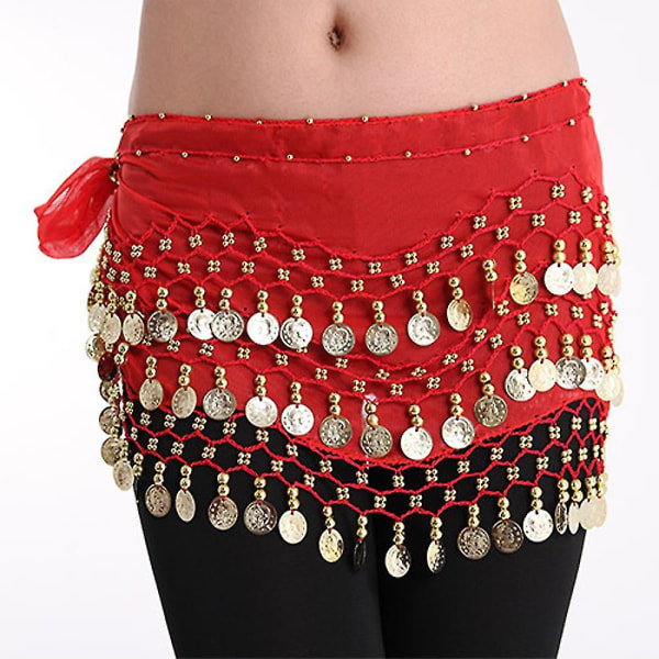 Höfthalsduk för magdans, magdanshalsduk för kvinnor med mynt Kjolar för magdans, Zumba eller yogaklass Red