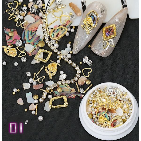 4-pack Shell Nail Art Pearl Diamond Metal Chain Set 01+08+05+10